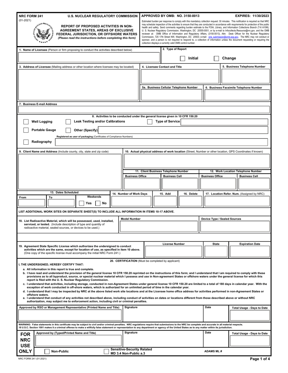 NRC Form 241 Report of Proposed Activities in Non-agreement States, Areas of Exclusive Federal Jurisdiction, or Offshore Waters, Page 1