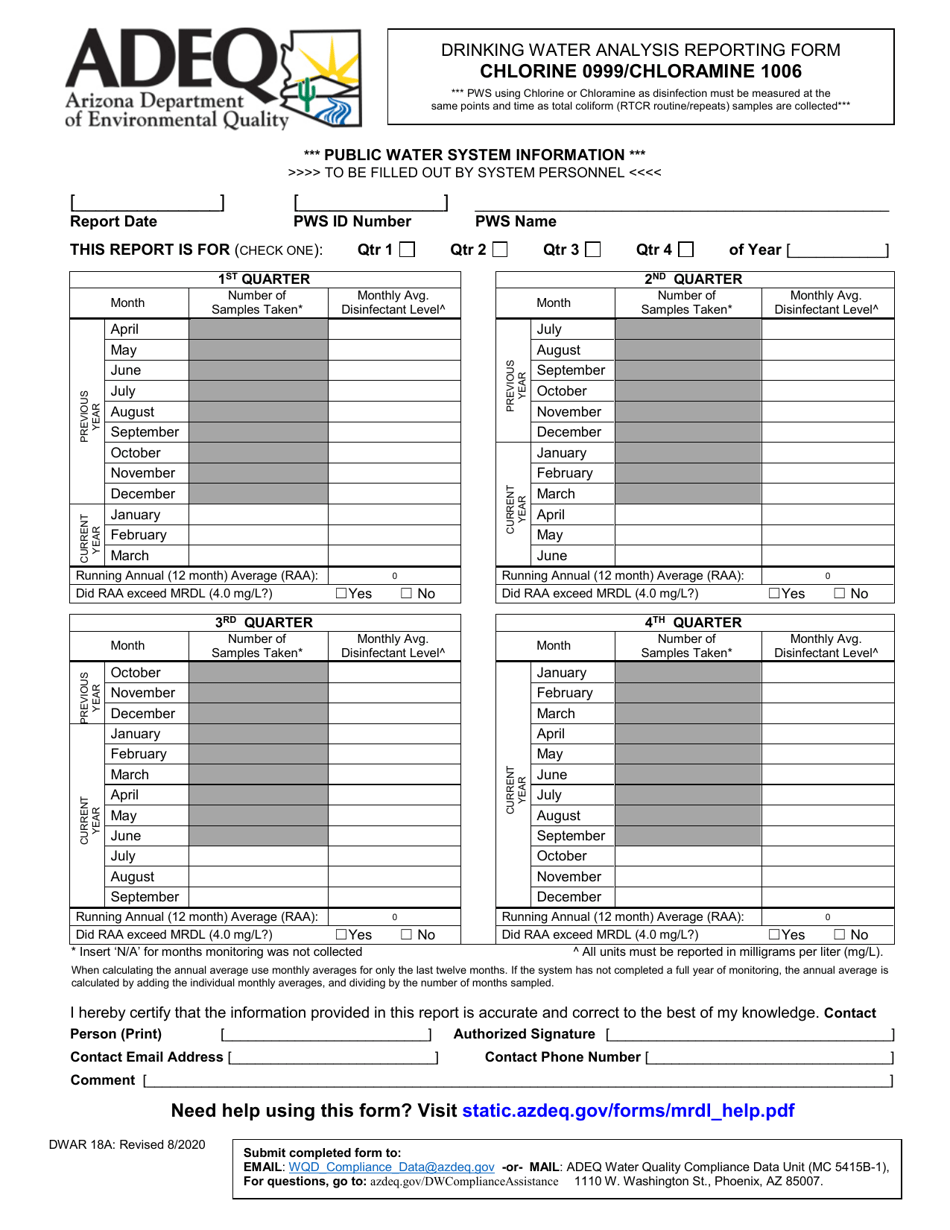 Form DWAR18A Drinking Water Analysis Reporting Form - Chlorine 0999 / Chloramine 1006 - Arizona, Page 1