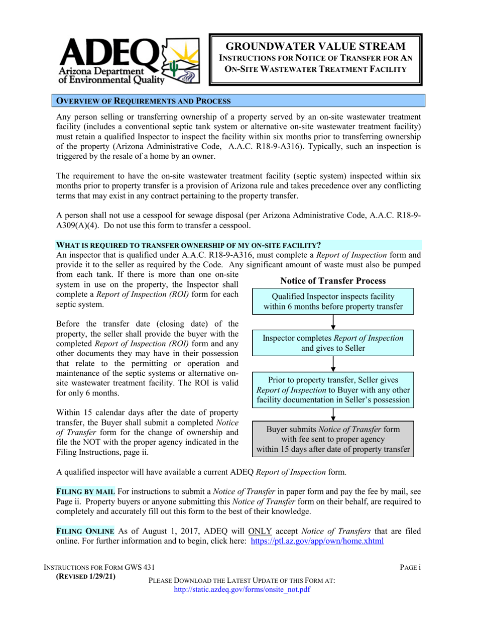 Form GWS431 Notice of Transfer of Ownership for an on-Site Wastewater Treatment Facility - Arizona, Page 1