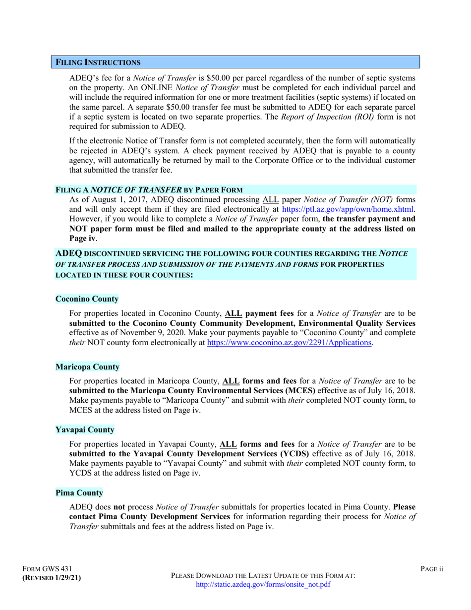 Form GWS431 Notice of Transfer of Ownership for an on-Site Wastewater Treatment Facility - Arizona, Page 2
