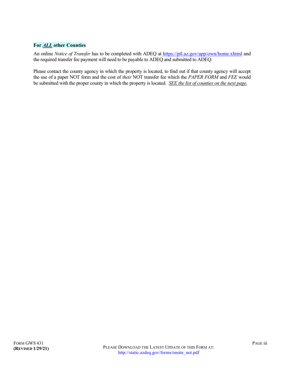 Form GWS431 Notice of Transfer of Ownership for an on-Site Wastewater Treatment Facility - Arizona, Page 3