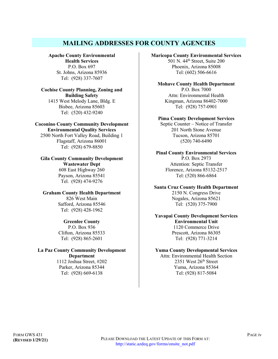 Form GWS431 Notice of Transfer of Ownership for an on-Site Wastewater Treatment Facility - Arizona, Page 4