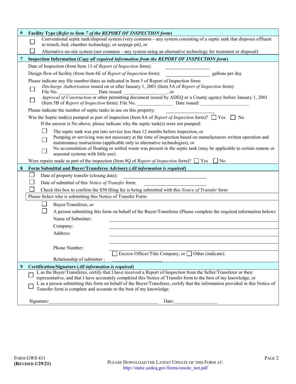 Form GWS431 Notice of Transfer of Ownership for an on-Site Wastewater Treatment Facility - Arizona, Page 6