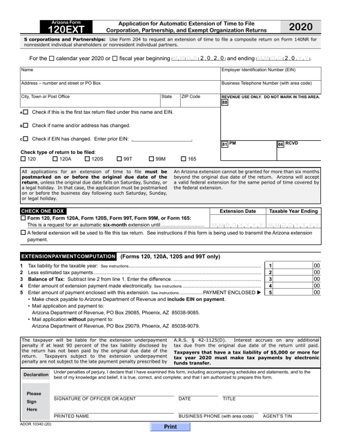 Document preview: Arizona Form 120EXT (ADOR10340) Application for Automatic Extension of Time to File Corporation, Partnership, and Exempt Organization Returns - Arizona