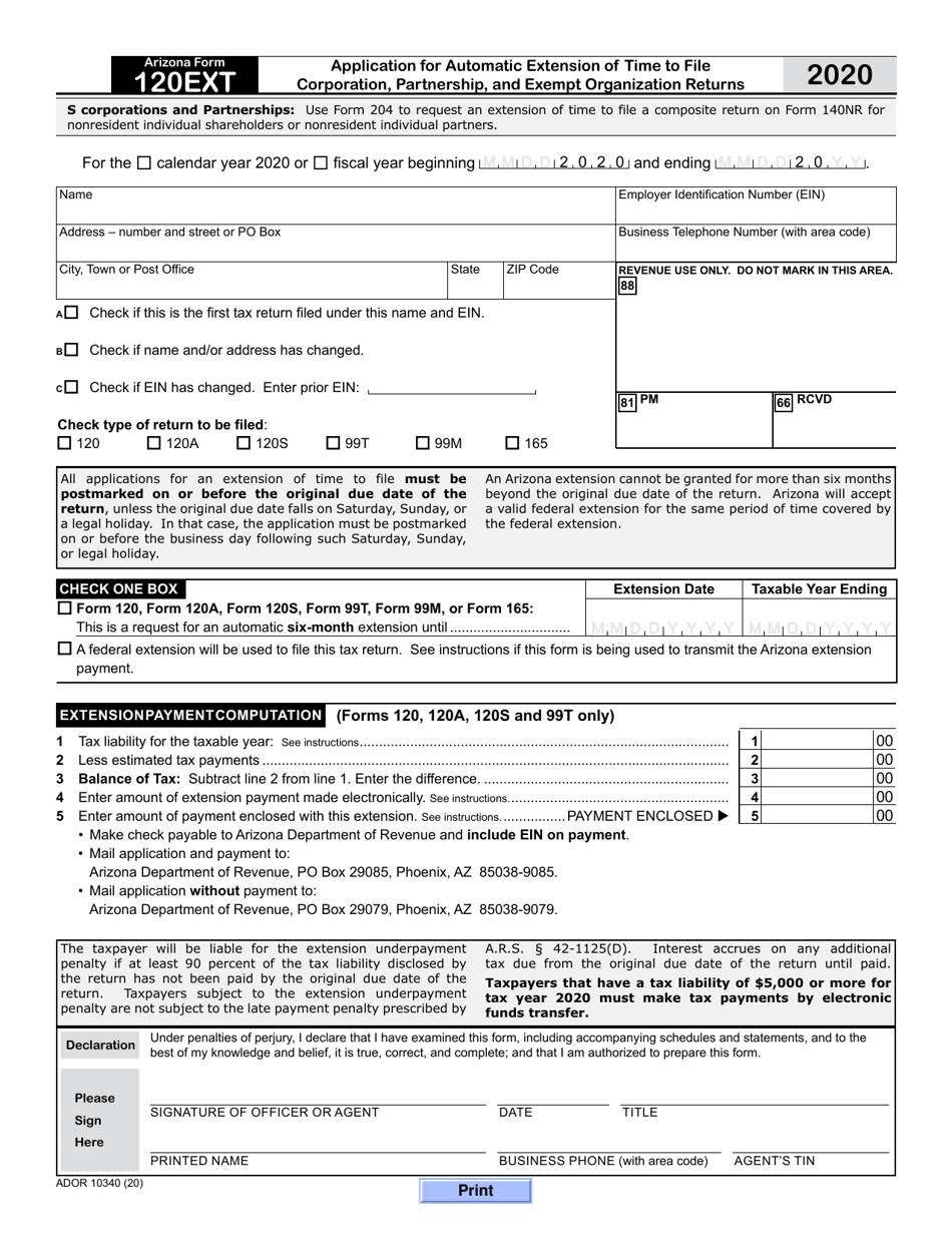Arizona Form 120EXT (ADOR10340) Application for Automatic Extension of Time to File Corporation, Partnership, and Exempt Organization Returns - Arizona, Page 1