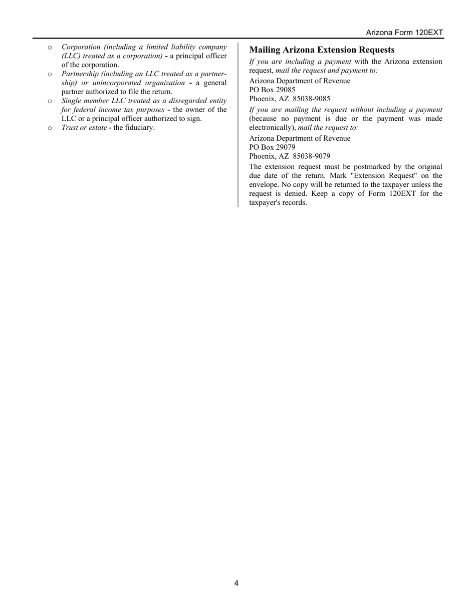 Instructions for Arizona Form 120EXT, ADOR10340 Application for Automatic Extension of Time to File Corporation, Partnership, and Exempt Organization Returns - Arizona, Page 4