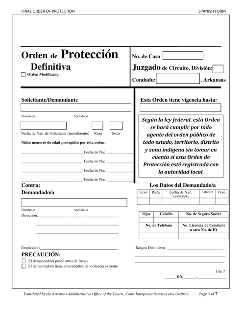 Orden De Proteccion Definitiva - Arkansas (Spanish) Download Pdf