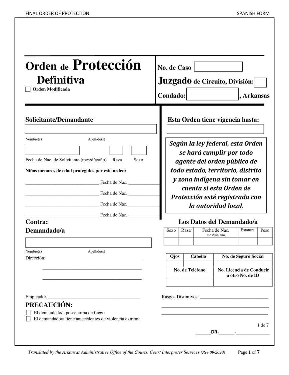 Orden De Proteccion Definitiva - Arkansas (Spanish), Page 1