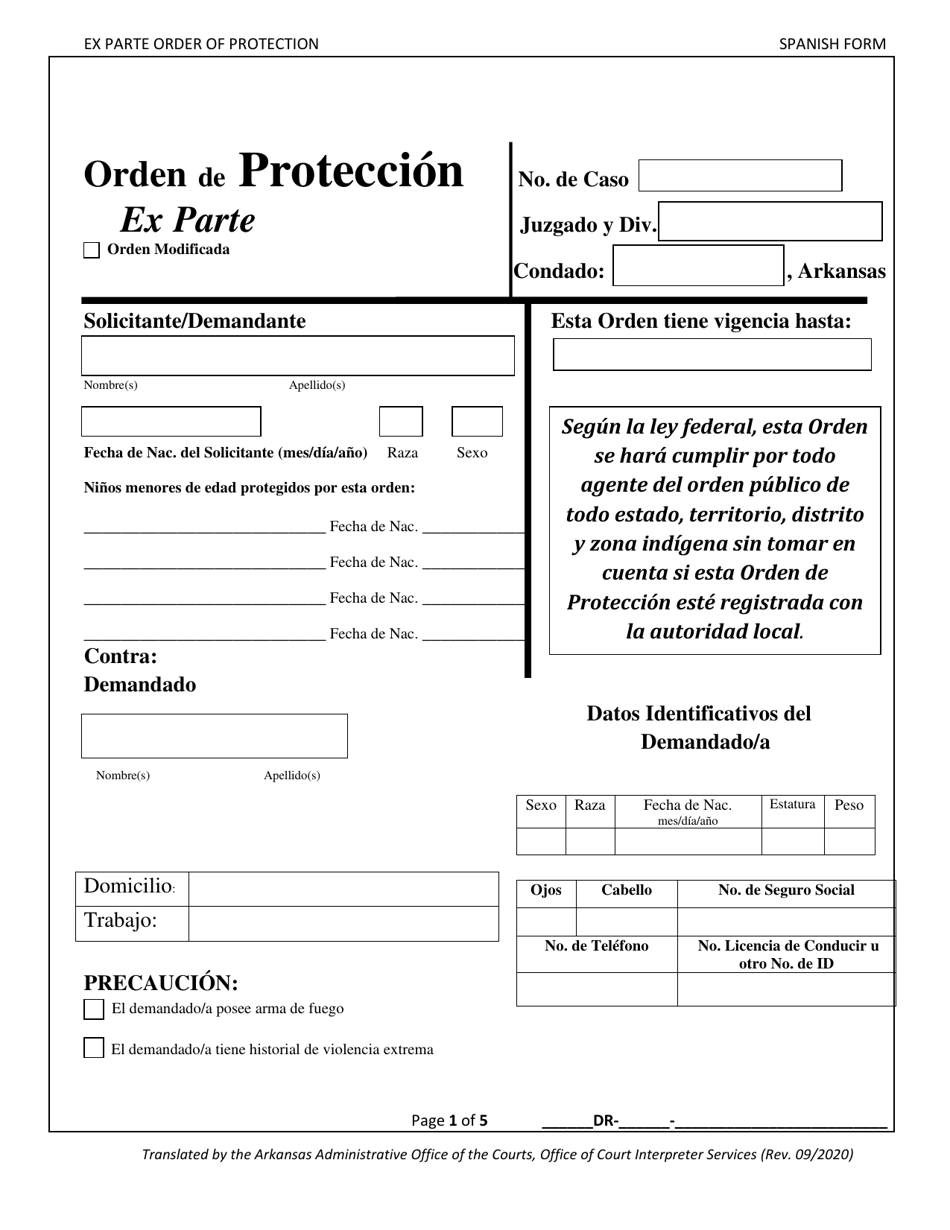 Orden De Proteccion - Ex Parte - Arkansas (Spanish), Page 1