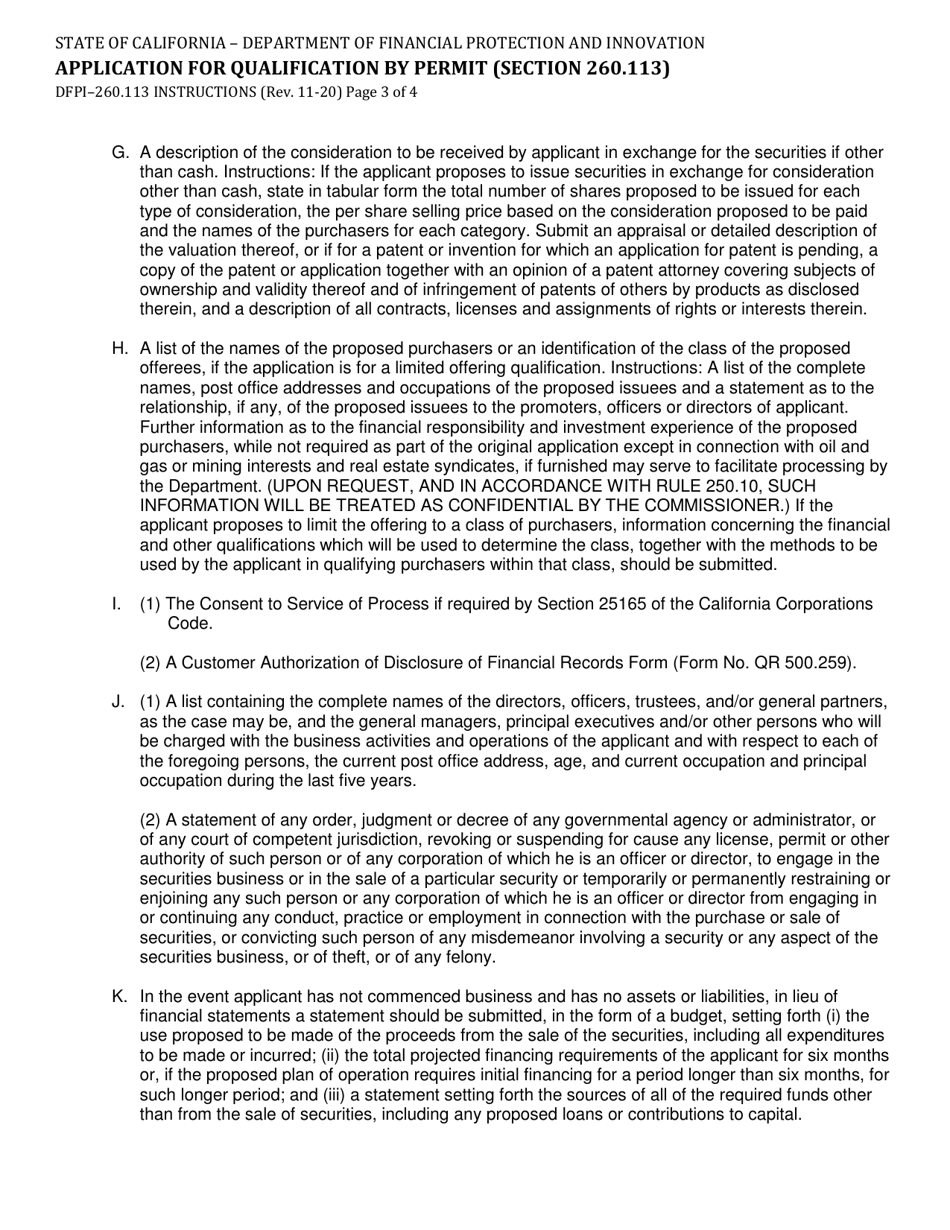 Instructions for Form DFPI-260.113 Application for Qualification by Permit (Section 260.113) - California, Page 3
