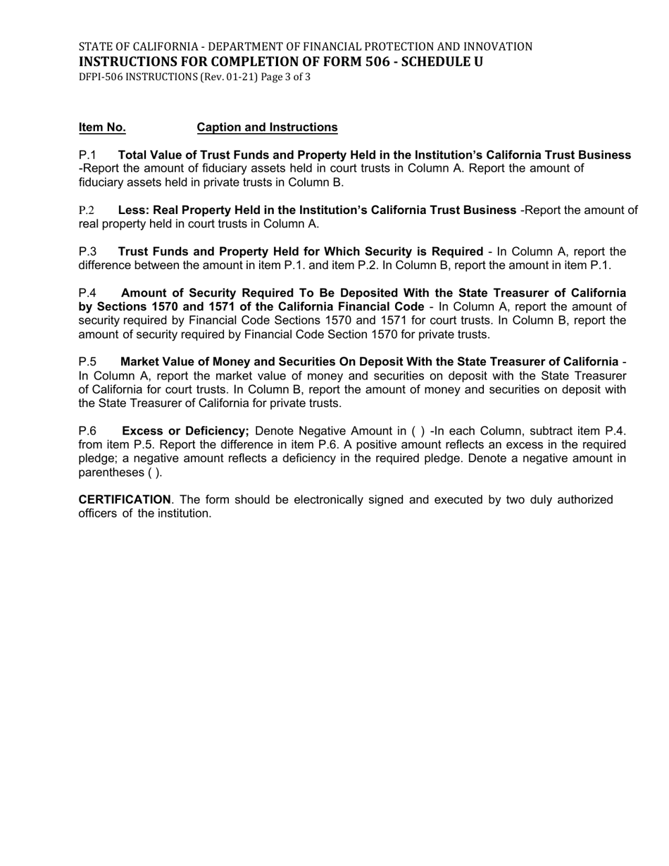 Instructions for Form DFPI-506 Schedule U Report on Fiduciary Activities in California and Related Security Deposited With the State Treasurer of California - California, Page 3