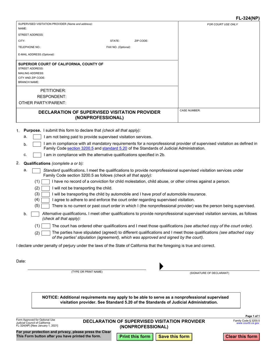 Form FL-324(NP) Declaration of Supervised Visitation Provider (Nonprofessional) - California, Page 1