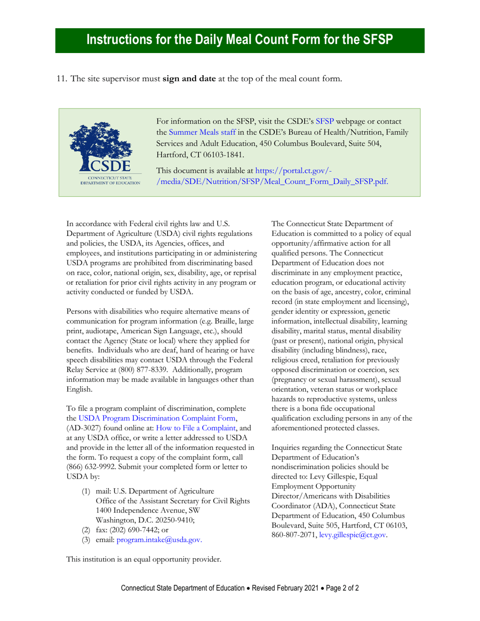 Summer Food Service Program (Sfsp) Daily Meal Count - Connecticut, Page 4