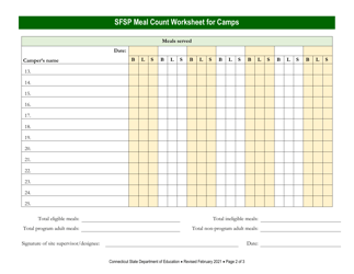Summer Food Service Program (Sfsp) Meal Count Worksheet for Camps - Connecticut, Page 2