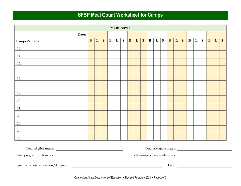 Summer Food Service Program (Sfsp) Meal Count Worksheet for Camps - Connecticut, Page 2