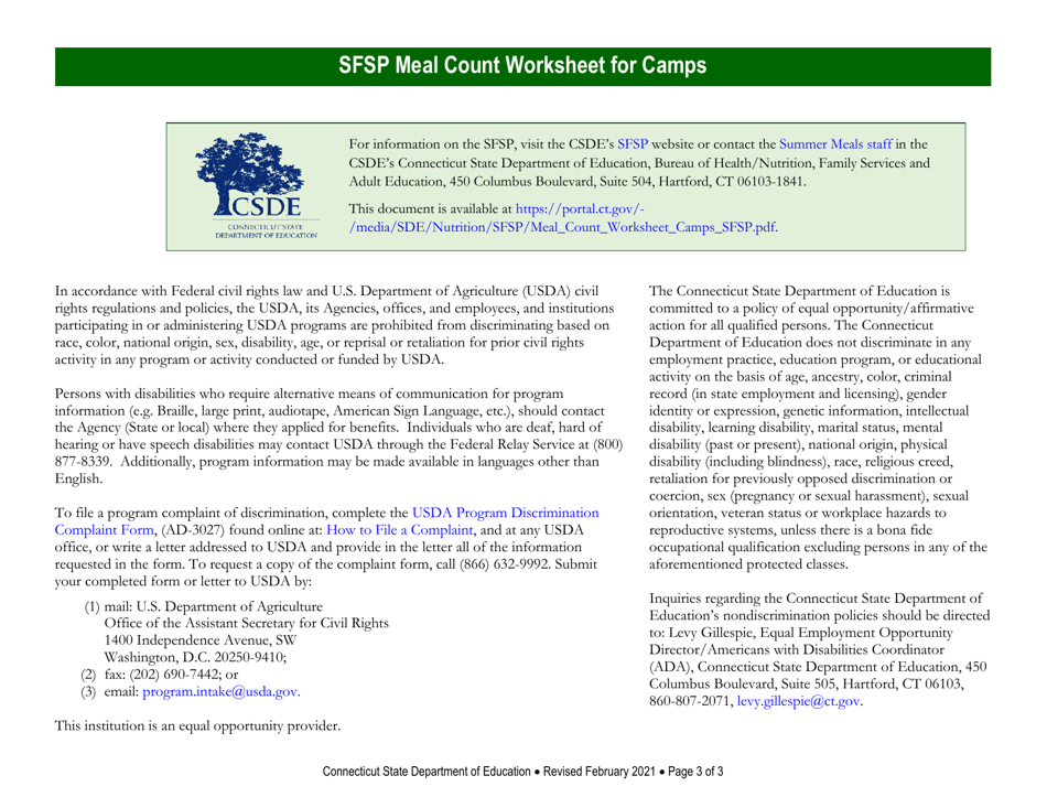 Summer Food Service Program (Sfsp) Meal Count Worksheet for Camps - Connecticut, Page 3