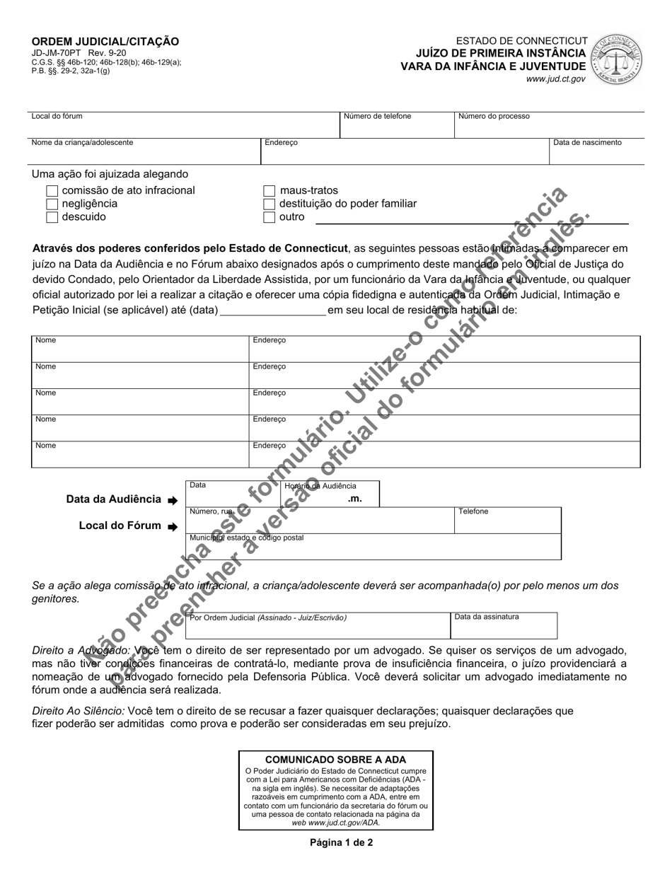 Form JD-JM-70PT Order / Summons - Connecticut (Portuguese), Page 1