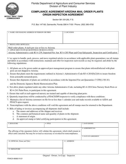 Form FDACS-08082 Compliance Agreement/Arizona Mail Order Plants Origin Inspection Agreement - Florida