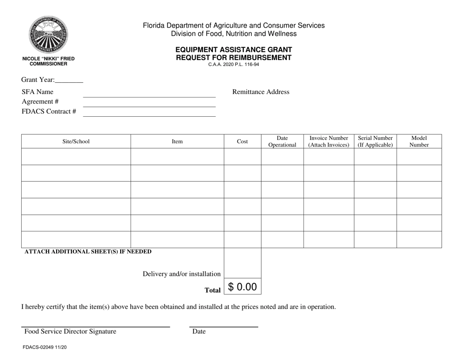 Form FDACS-02049 Equipment Assistance Grant Request for Reimbursement - Florida, Page 1