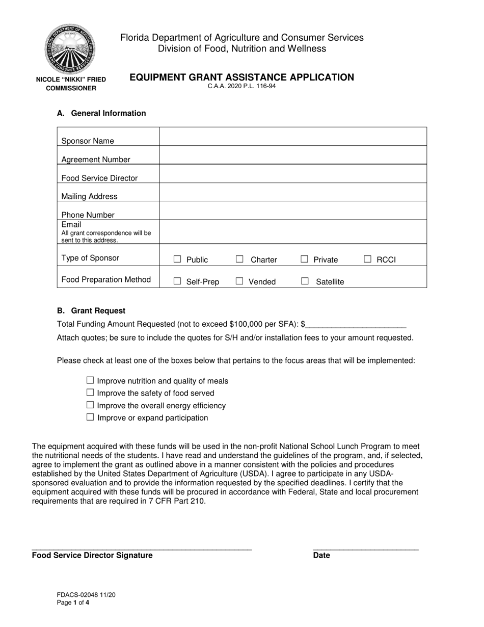 Form FDACS02048 Fill Out, Sign Online and Download Fillable PDF