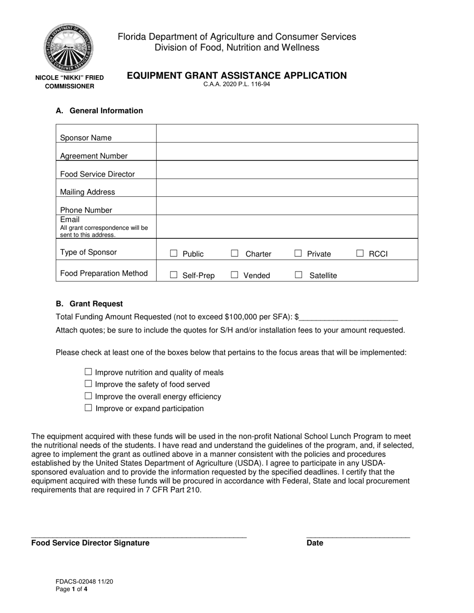 Form FDACS-02048 Equipment Grant Assistance Application - Florida, Page 1