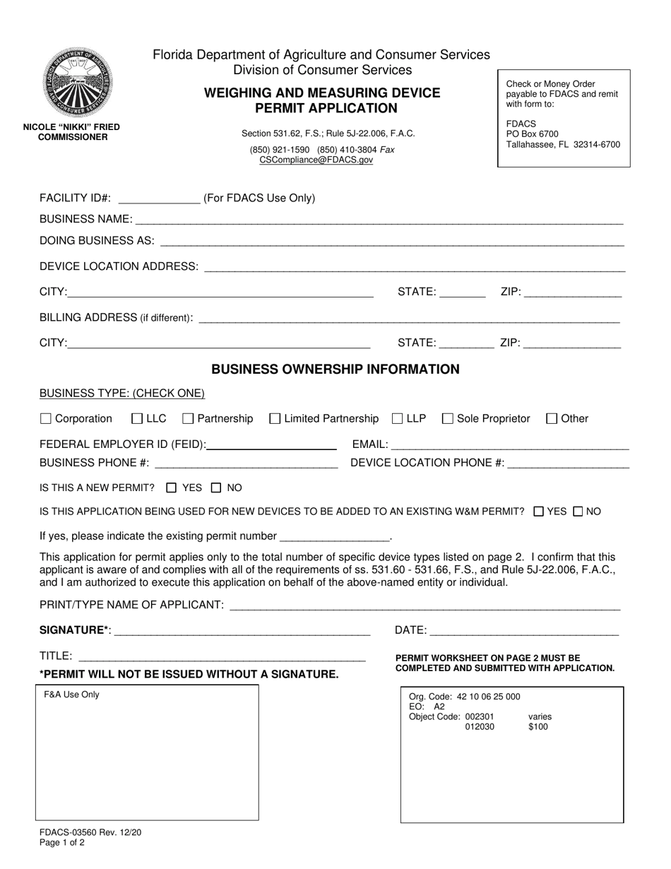 Form FDACS-03560 Weighing and Measuring Device Permit Application - Florida, Page 1