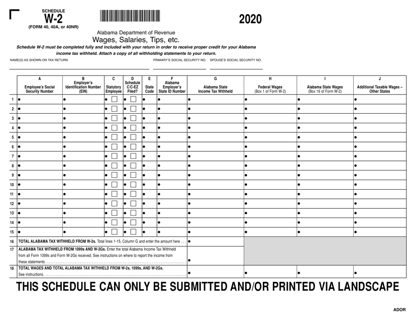 Form 40 (40A; 40NR) Schedule W-2 2020 Printable Pdf