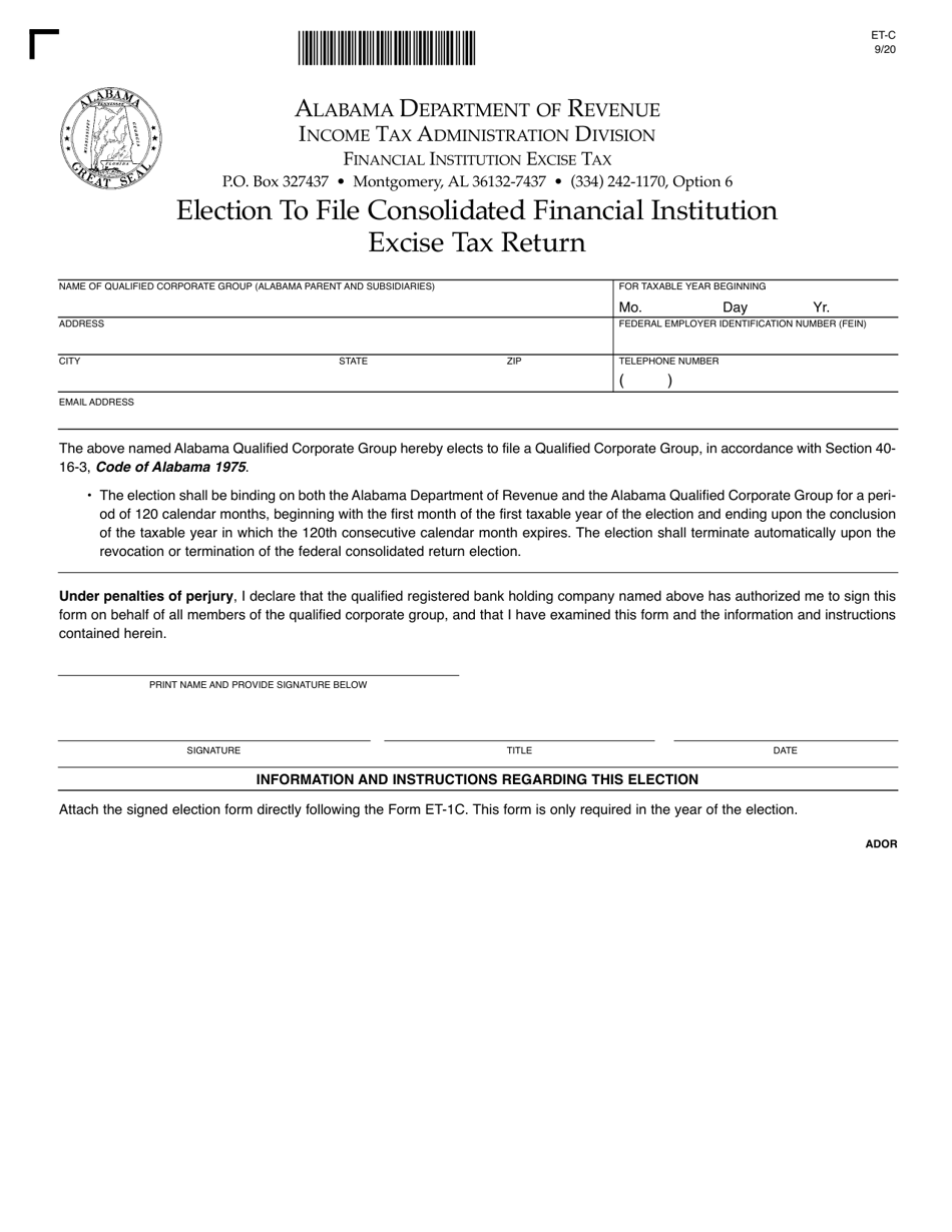 Form ET-C Election to File Consolidated Financial Institution Excise Tax Return - Alabama, Page 1