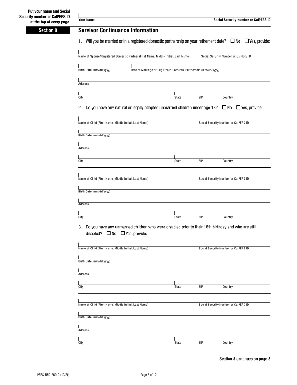 Form PERS-BSD-369-D Disability Retirement Election Application - California, Page 7