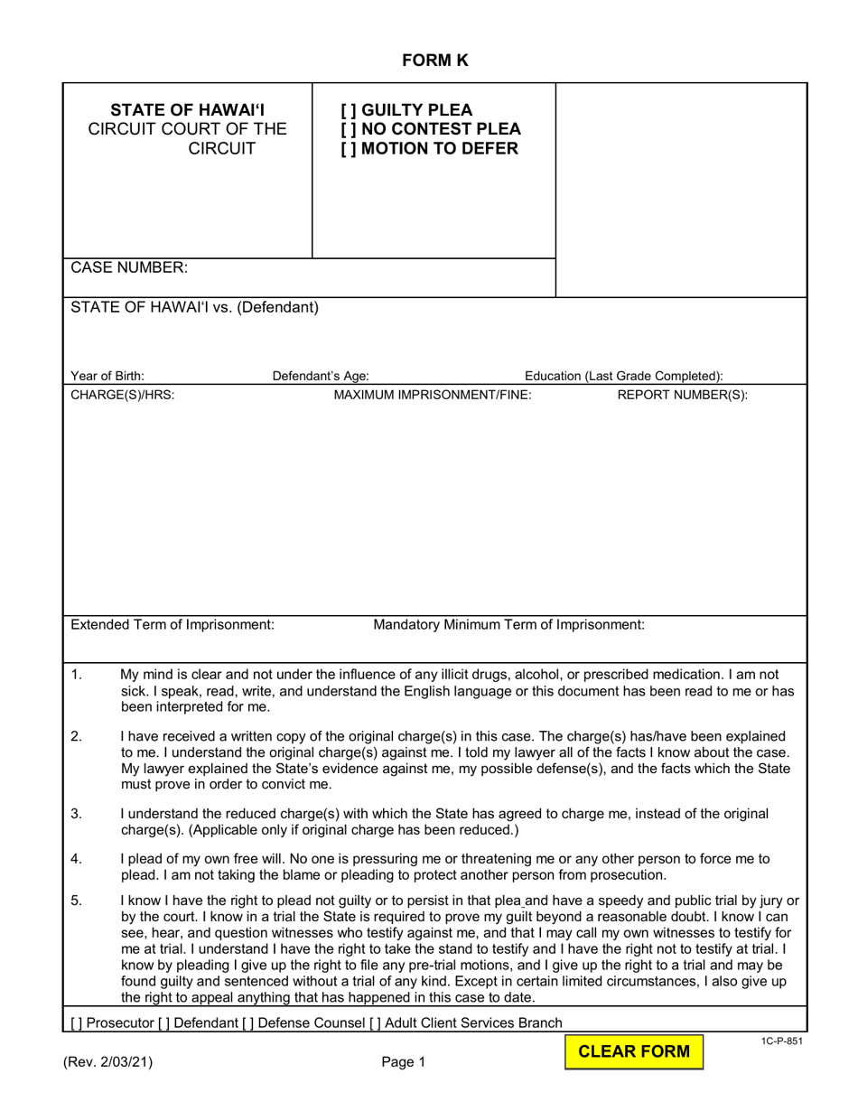 Form K (1C-P-851) Criminal Plea Form - Hawaii, Page 1