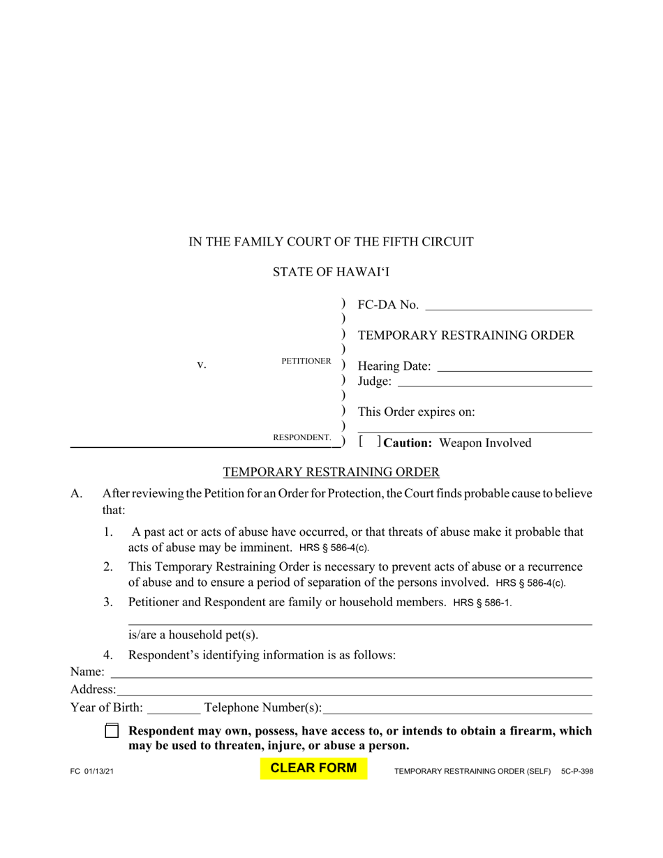 Form 5C-P-398 Temporary Restraining Order - Hawaii, Page 1