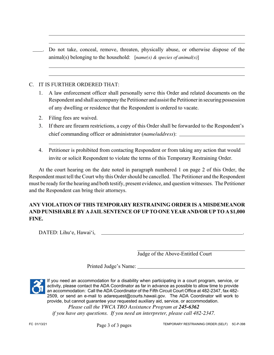 Form 5C-P-398 Temporary Restraining Order - Hawaii, Page 3