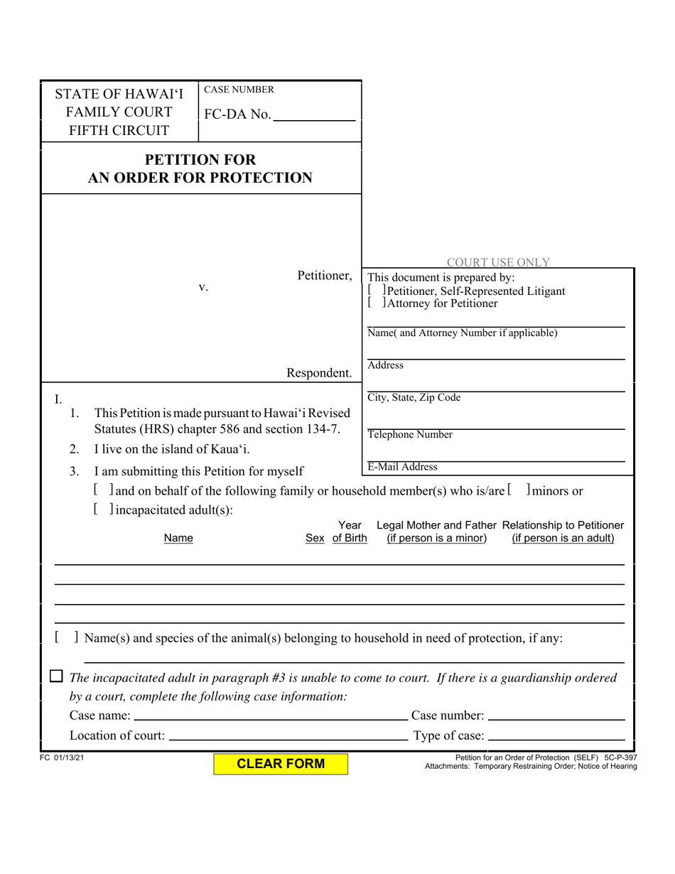 Form 5C-P-397 Petition for an Order for Protection - Hawaii, Page 1
