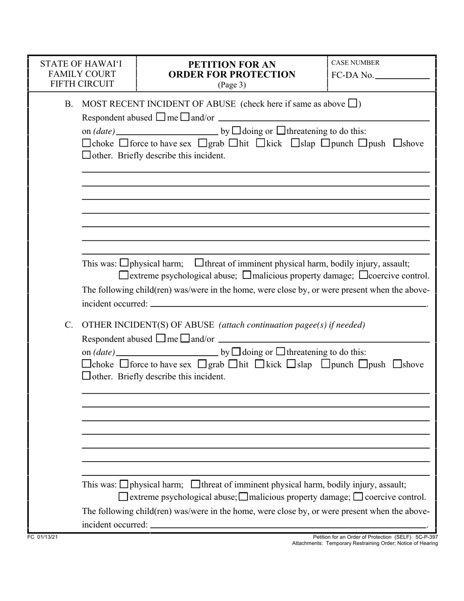 Form 5C-P-397 Petition for an Order for Protection - Hawaii, Page 3