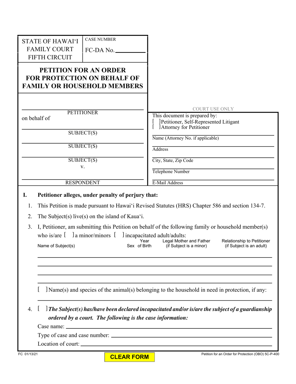 Form 5C-P-400 Petition for an Order for Protection on Behalf of a Family or Household Members - Hawaii, Page 1