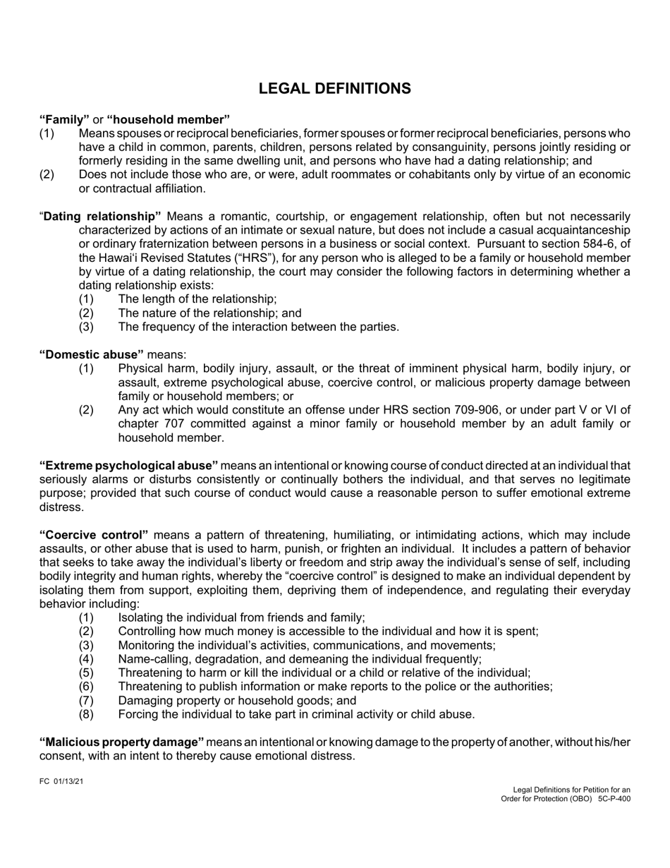 Form 5C-P-400 Petition for an Order for Protection on Behalf of a Family or Household Members - Hawaii, Page 9