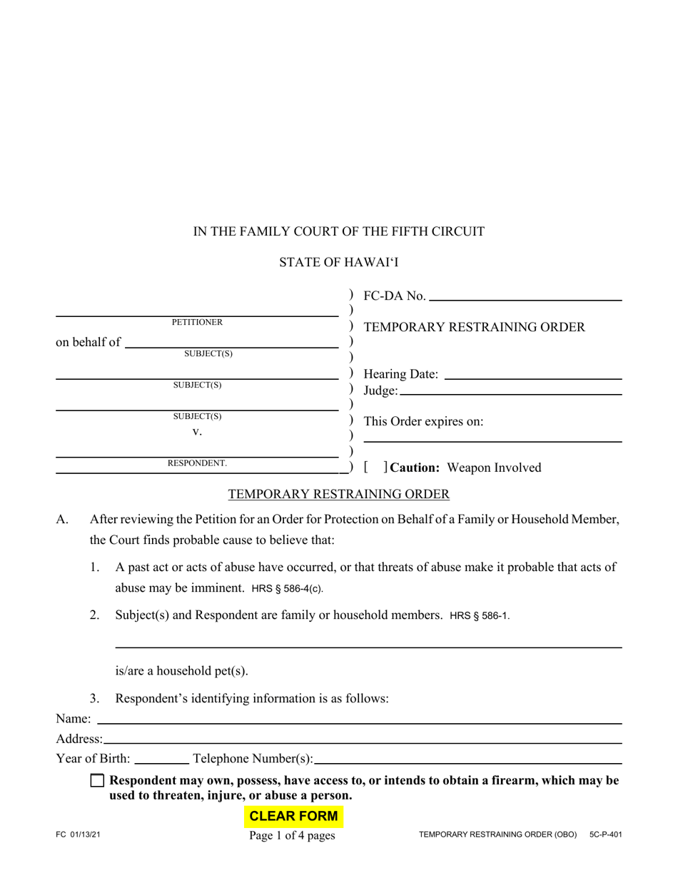 Form 5C-P-401 Temporary Restraining Order - Hawaii, Page 1