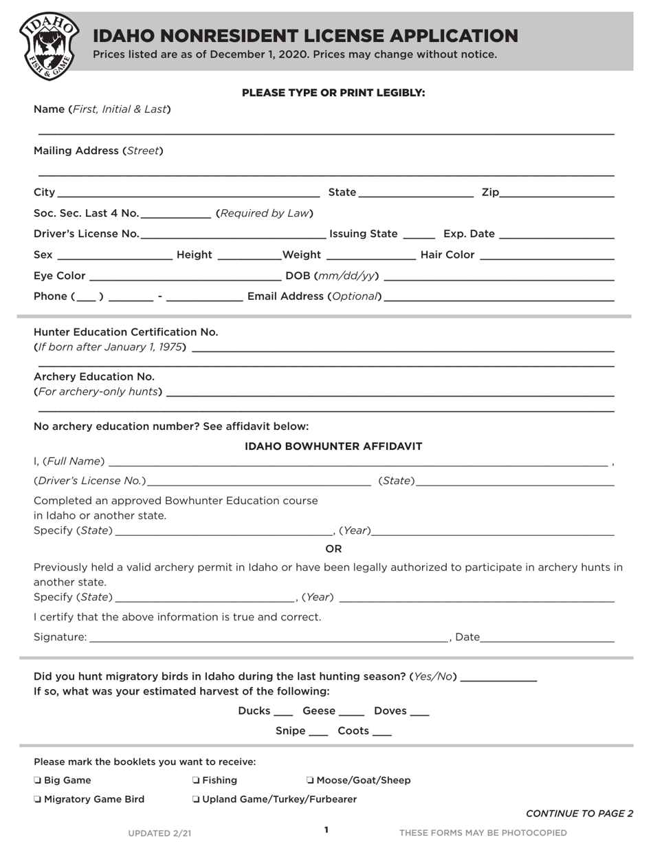 Idaho Nonresident License Application - Idaho, Page 1