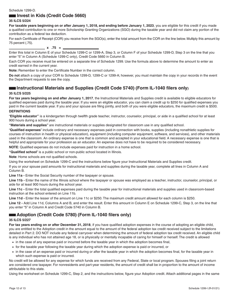 Schedule 1299-I Income Tax Credits Information and Worksheets - Illinois, Page 12
