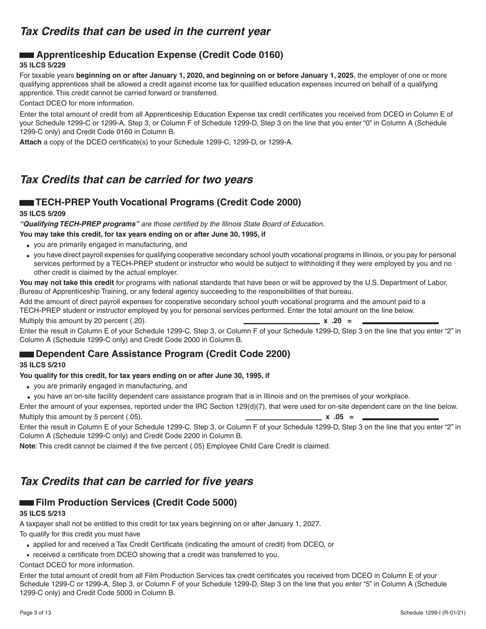 Schedule 1299-I Income Tax Credits Information and Worksheets - Illinois, Page 3