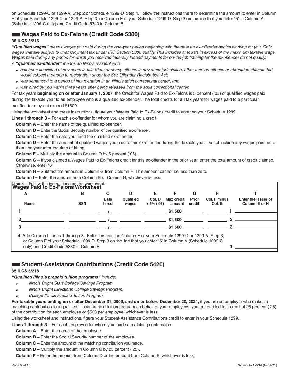 Schedule 1299-I Income Tax Credits Information and Worksheets - Illinois, Page 9