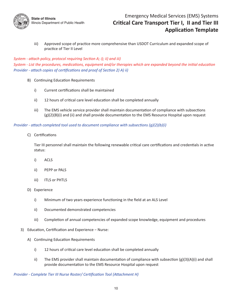 Critical Care Transport Tier I, II and Tier Iii Application Template - Illinois, Page 10