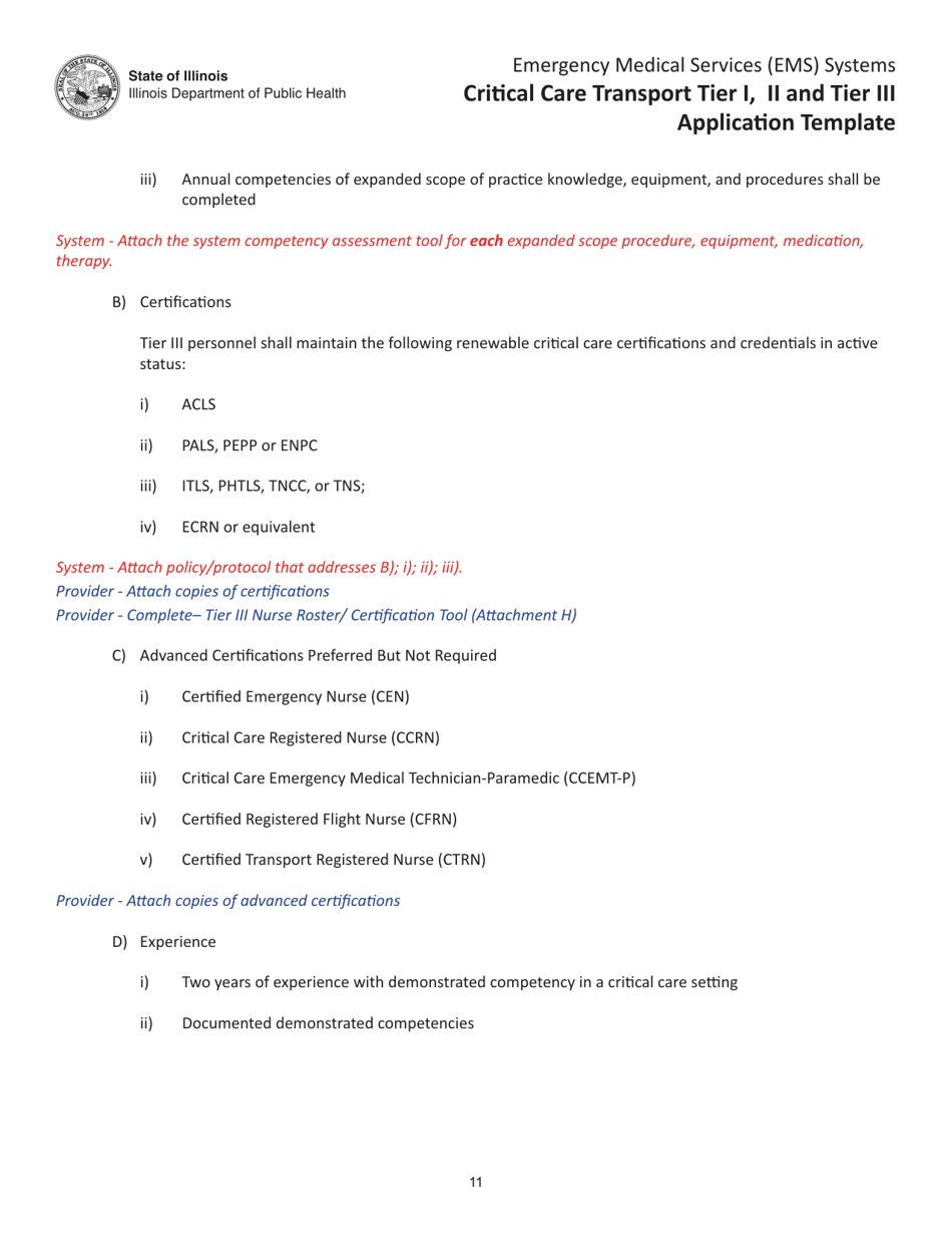 Critical Care Transport Tier I, II and Tier Iii Application Template - Illinois, Page 11