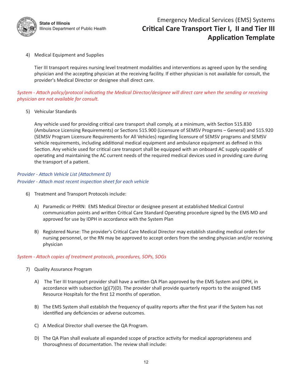 Critical Care Transport Tier I, II and Tier Iii Application Template - Illinois, Page 12