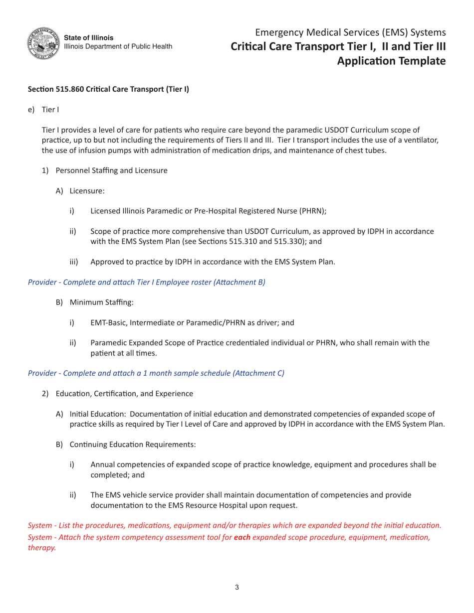 Critical Care Transport Tier I, II and Tier Iii Application Template - Illinois, Page 3