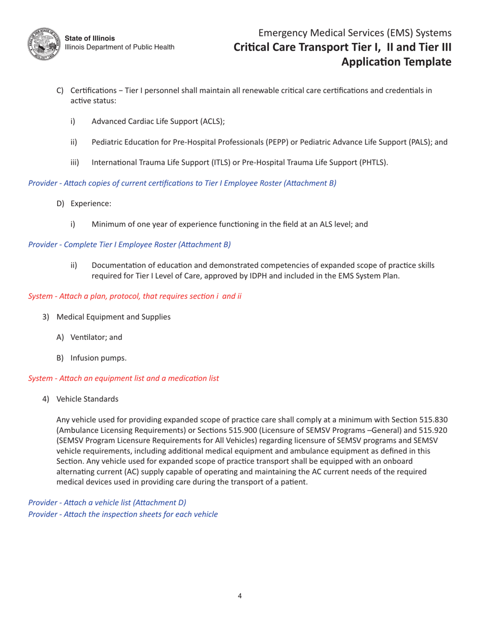 Critical Care Transport Tier I, II and Tier Iii Application Template - Illinois, Page 4