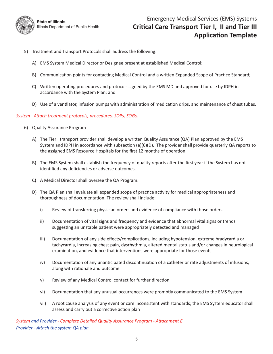 Critical Care Transport Tier I, II and Tier Iii Application Template - Illinois, Page 5
