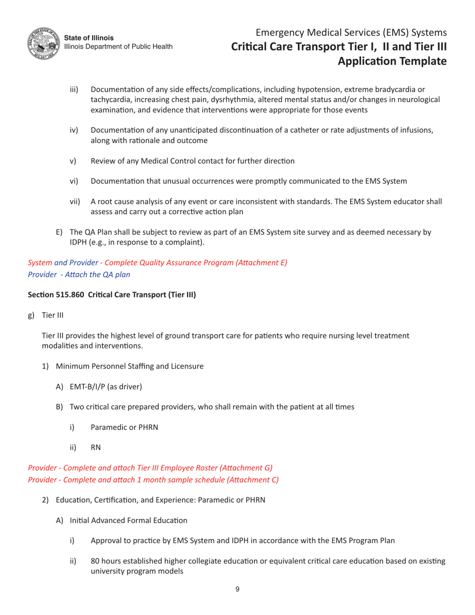 Critical Care Transport Tier I, II and Tier Iii Application Template - Illinois, Page 9