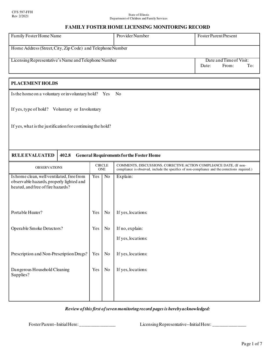 Form CFS597-FFH Family Foster Home Licensing Monitoring Record - Illinois, Page 1