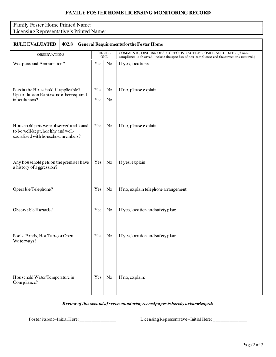 Form CFS597-FFH Family Foster Home Licensing Monitoring Record - Illinois, Page 2